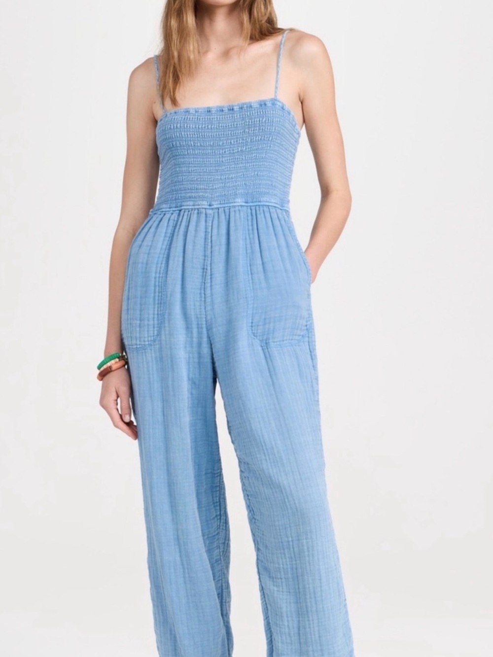 Z Supply Light Blue Smocked Strap Wide-Leg Jumpsuit